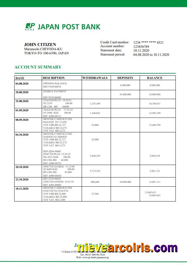 Japan Post Bank statement in Word and PDF format, good for address prove